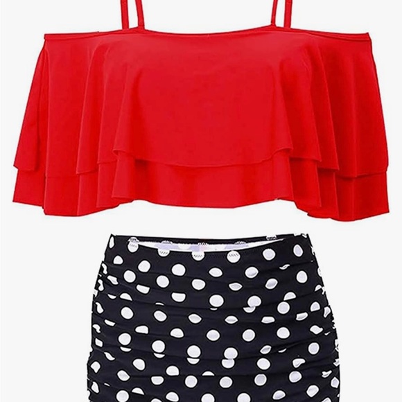 Two piece off shoulder bikini high waist red polka dots - Picture 4 of 4